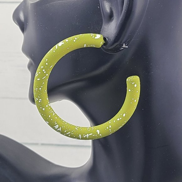 2" White Splatter Paint Olive Green Matte Hoop Earrings - Picture 11 of 11